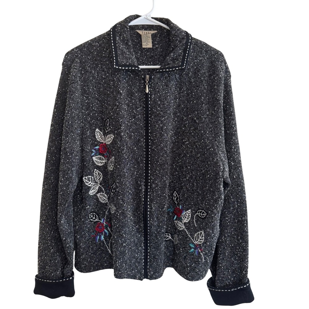 Teddi XL Black Speckled Embroidered Floral Zip Front Jacket